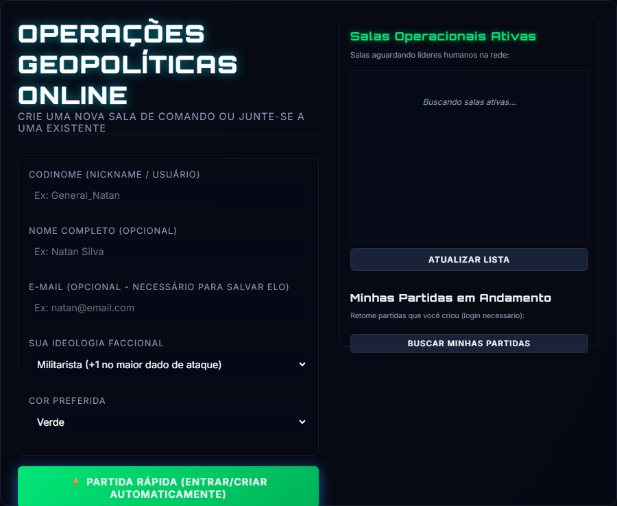 Tela de Operações Geopolíticas Online